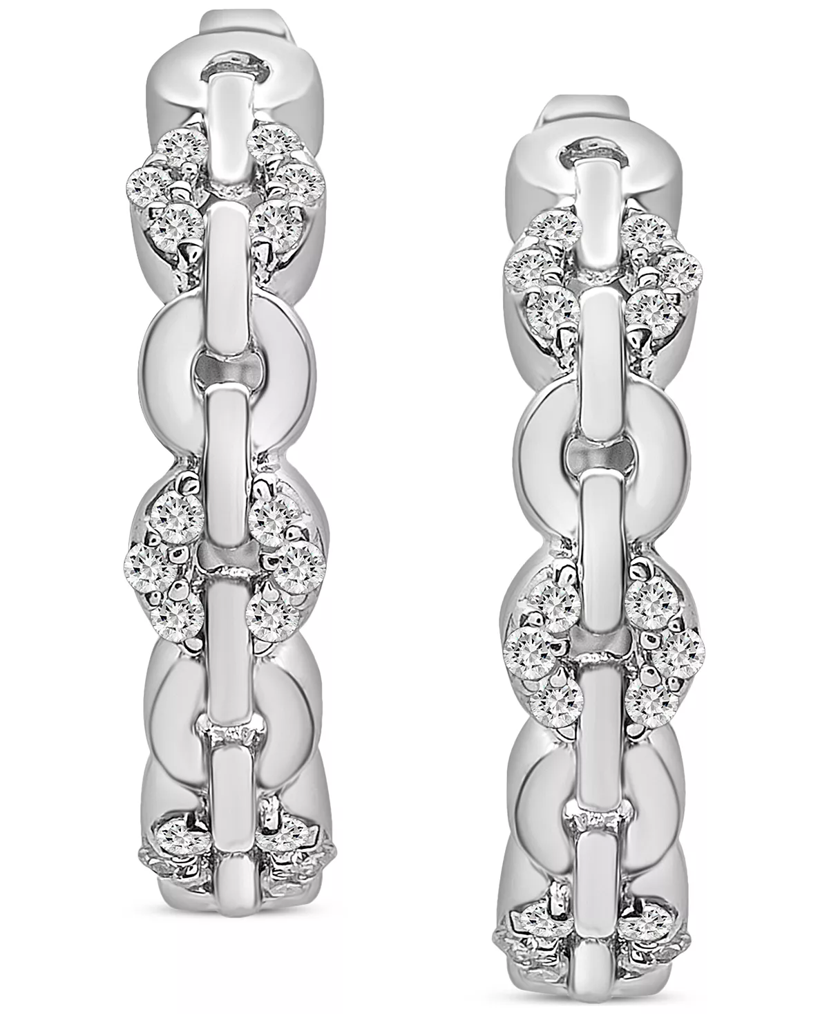 A pair of white gold hoop earrings with diamonds.