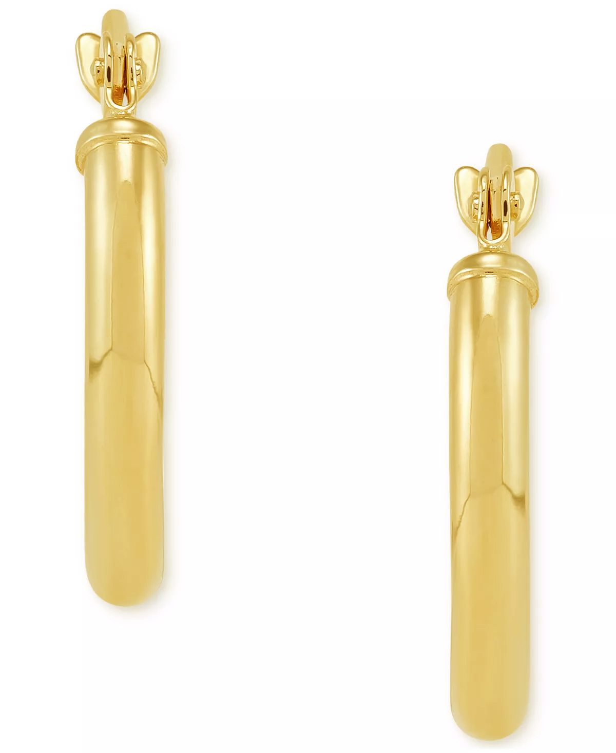 A pair of gold - plated hoop earrings.