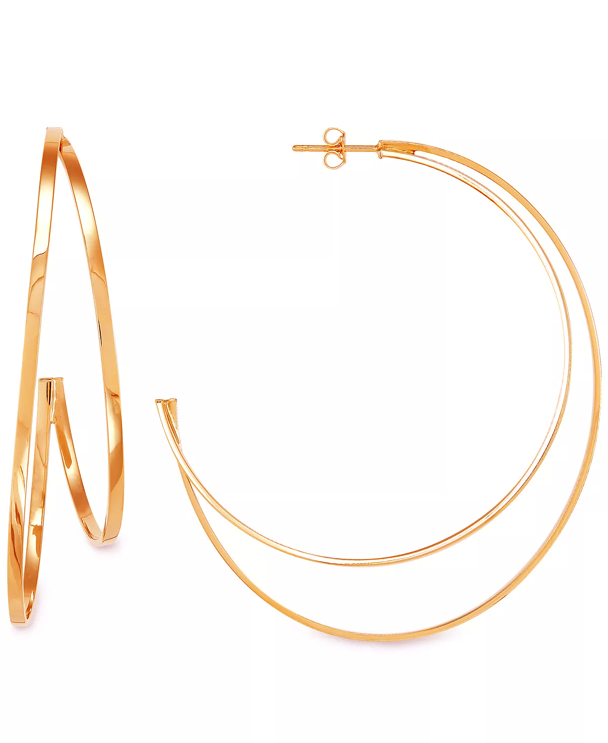 A pair of gold hoop earrings on a white background.