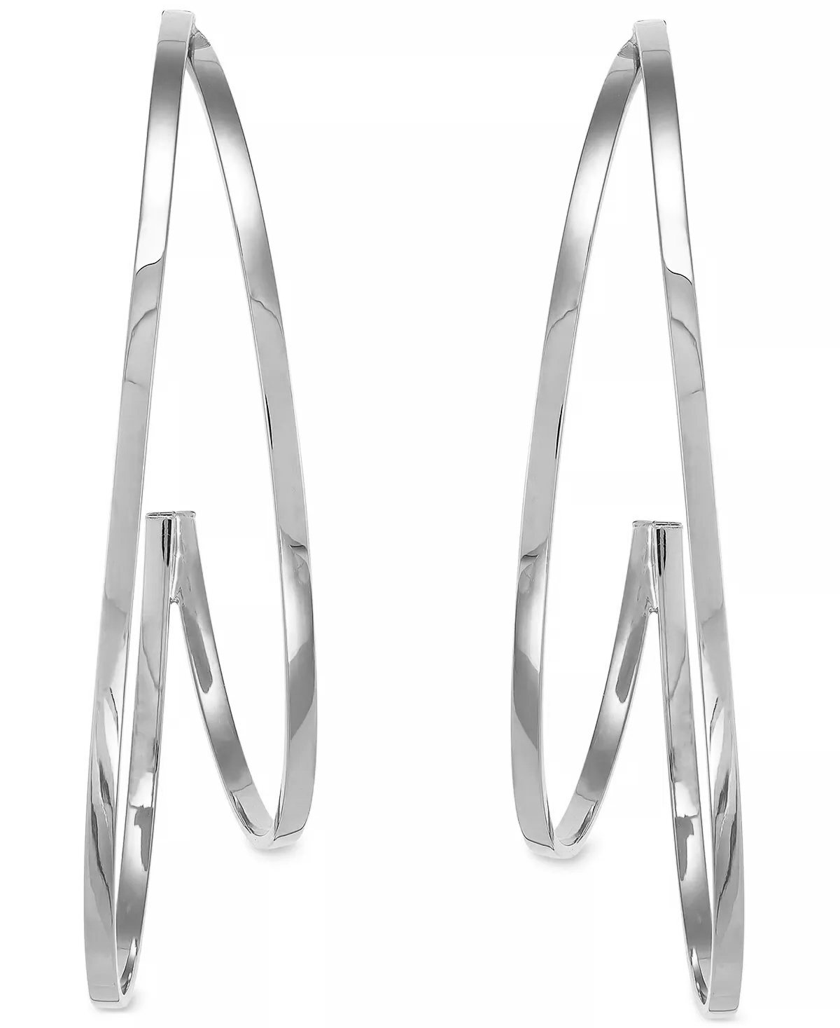 A pair of silver hoop earrings on a white background.