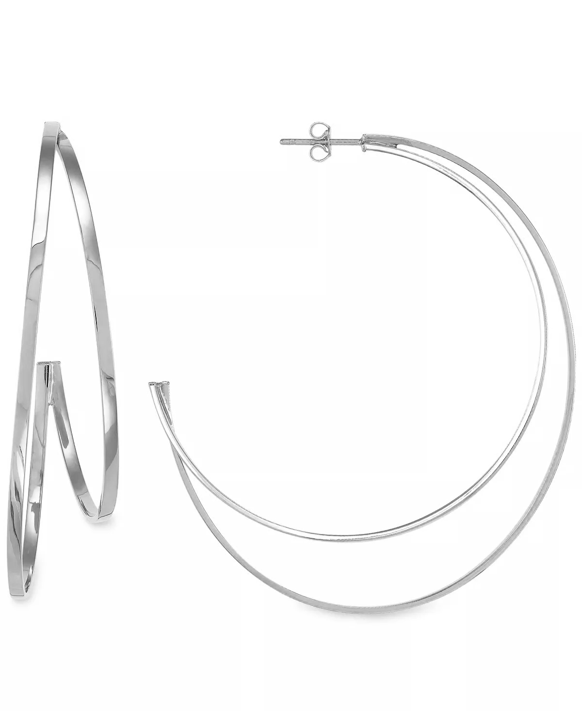 A pair of silver hoop earrings on a white background.