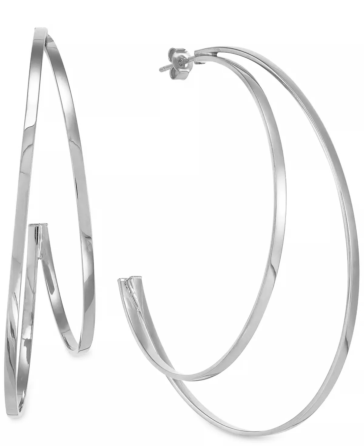 A pair of silver hoop earrings on a white background.