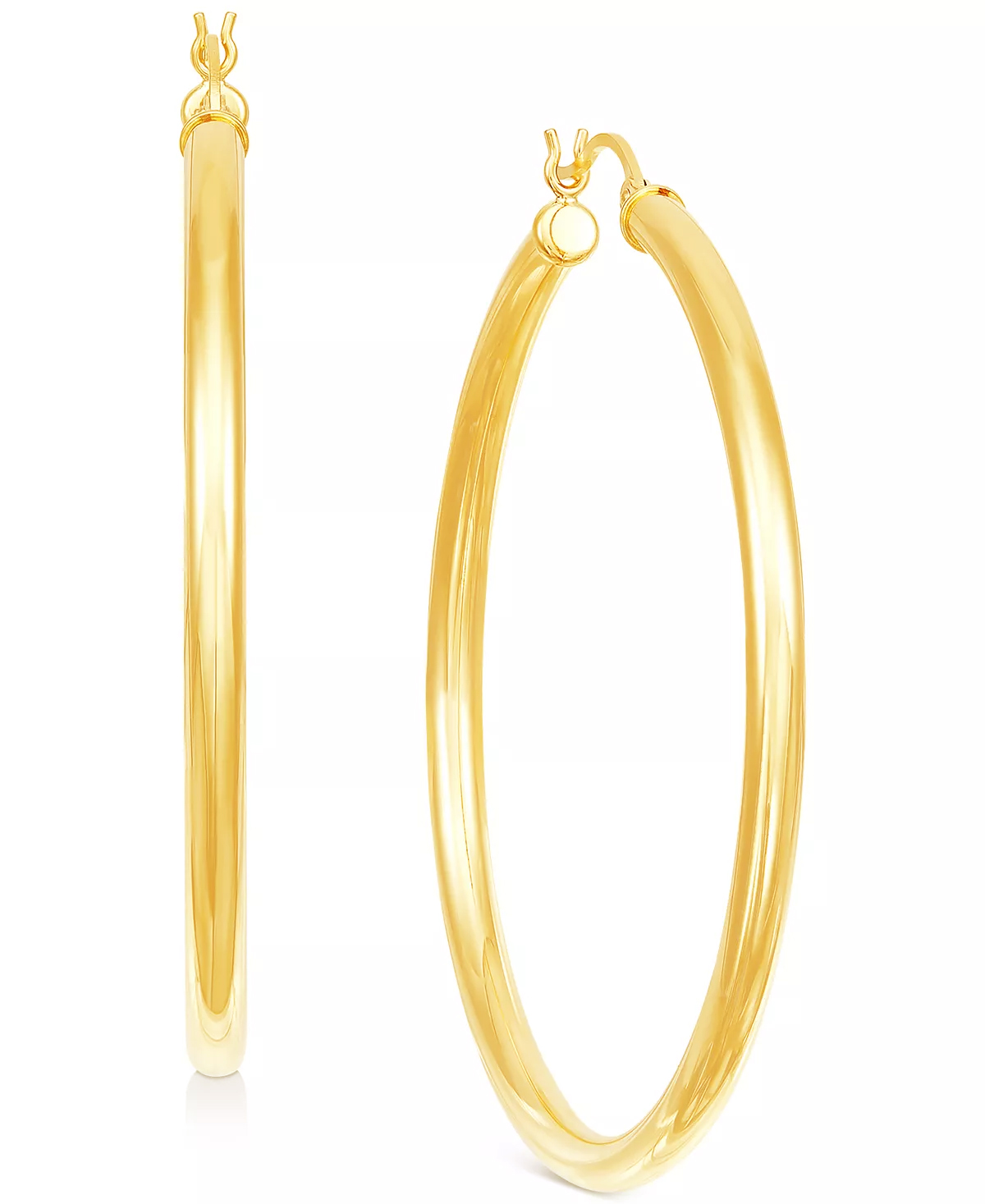 A pair of yellow gold hoop earrings.