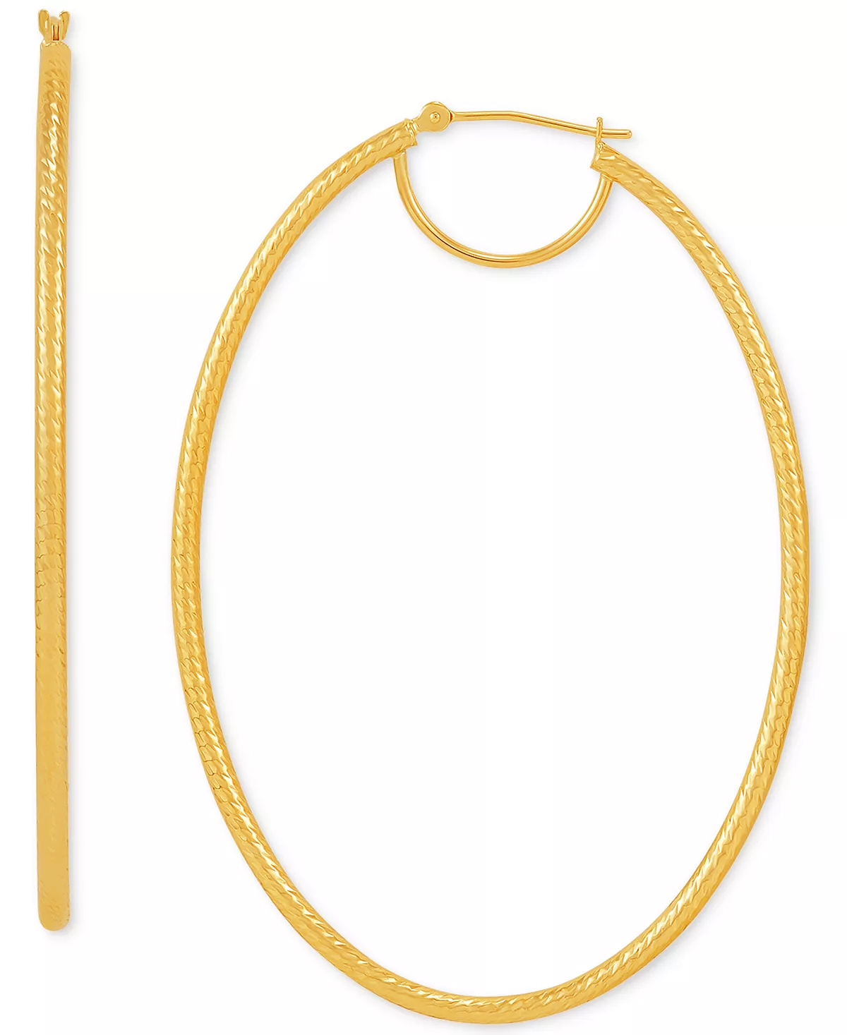 A pair of yellow gold hoop earrings.