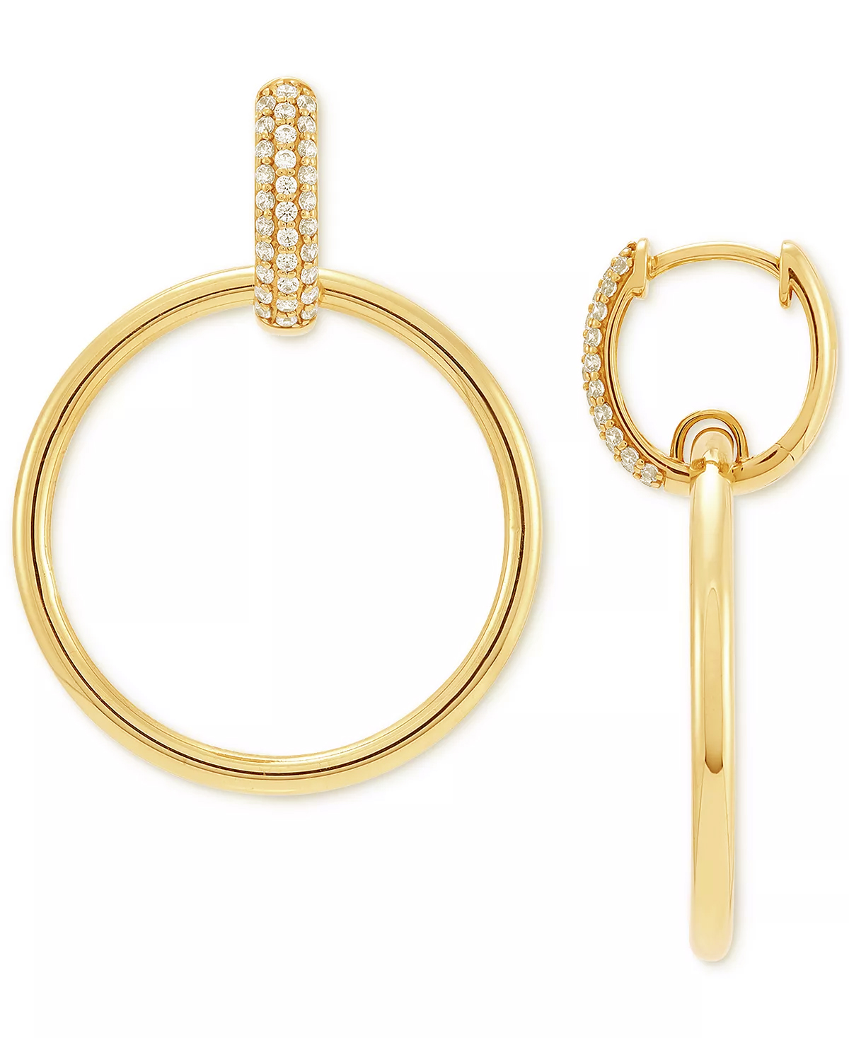 A pair of yellow gold hoop earrings with diamonds.